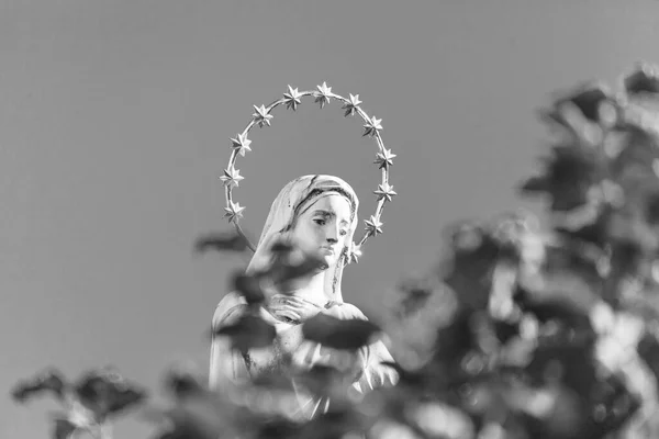 Sculpture Mère Dieu Avec Halo Doré Des Étoiles Sur Tête — Photo