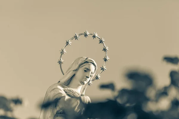用金光闪闪的光晕和星星在她头上雕刻的圣母像 — 图库照片