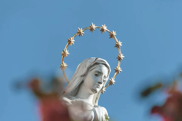 Escultura Madre Dios Con Halo Dorado Estrellas Cabeza — Foto de Stock