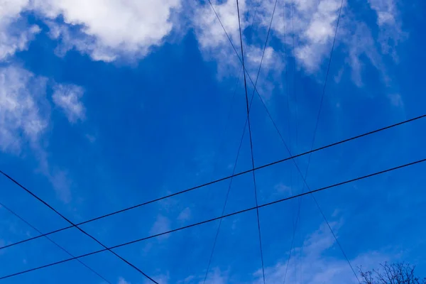 Elektriska Överföringsledningar Kablar Himlen Bakgrund — Stockfoto