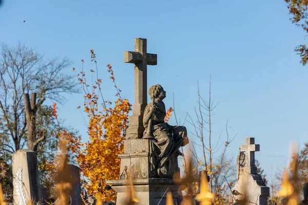 Stenen Beeld Monument Voor Een Engel Met Een Antimoon Zittend — Stockfoto