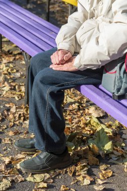 Yaşlı bir adam parkta bir bankta oturur ve güneşin tadını çıkarır.