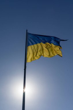 Parktaki bayrak direğinde Ukrayna 'nın mavi ve sarı bayrağı