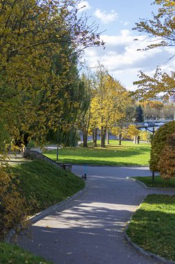 Ekim ayındaki güzel sonbahar manzarası. Sarı yapraklar, ağaçlar, park.