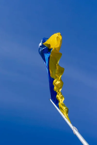 Государственный Сине Желтый Флаг Украины Парке Флагштоке Против Неба — стоковое фото