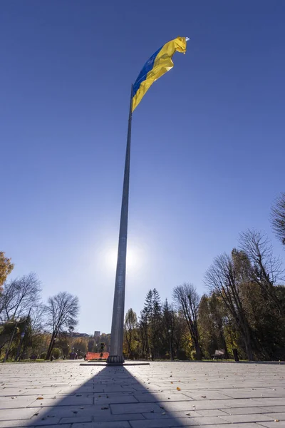 Bandiera Blu Gialla Dell Ucraina Pennone Nel Parco — Foto Stock