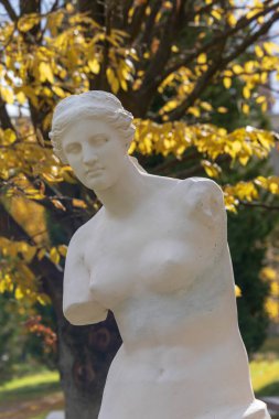 Bir kadın ve bir sütunun olduğu antik bir heykel kompozisyonu