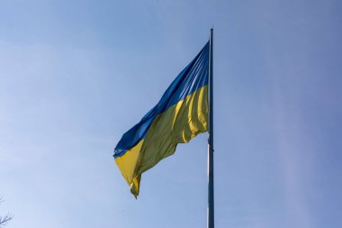 Ukrayna 'nın mavi ve sarı bayrağı gökyüzünde bayrak direğinde parktaydı.