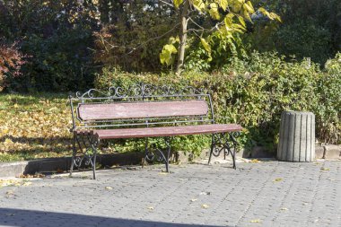 Ağaçların yanındaki parkta kırmızı ahşap bir bank.