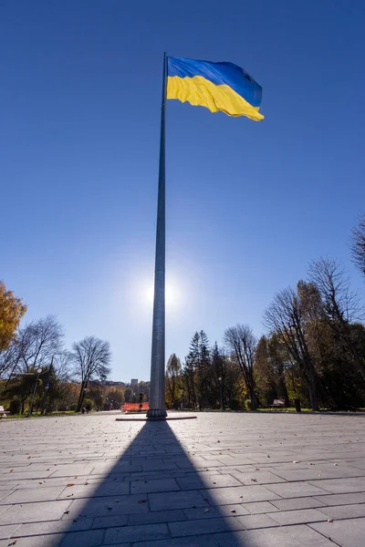 Niebiesko Żółta Flaga Ukrainy Maszcie Flagowym Parku — Zdjęcie stockowe