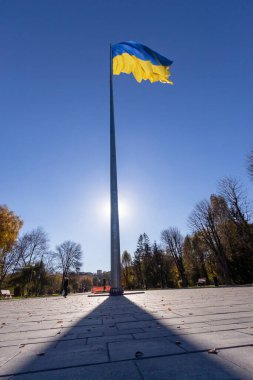 Parktaki bayrak direğinde Ukrayna 'nın mavi ve sarı bayrağı