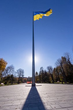 Parktaki bayrak direğinde Ukrayna 'nın mavi ve sarı bayrağı