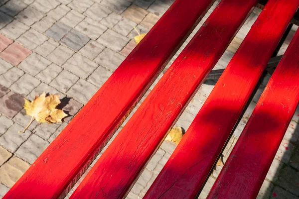 Sonbahar Parkında Kırmızı Ahşap Bank — Stok fotoğraf