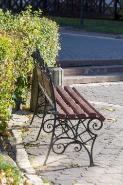 Ağaçların yanındaki parkta kırmızı ahşap bir bank.