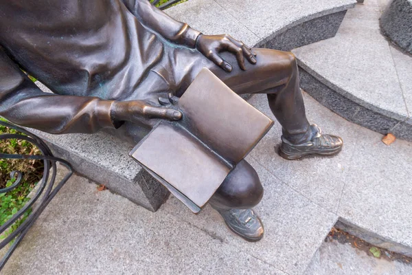 Tizio Con Cuffie Sta Leggendo Libro Monumento Alla Città Vicino — Foto Stock