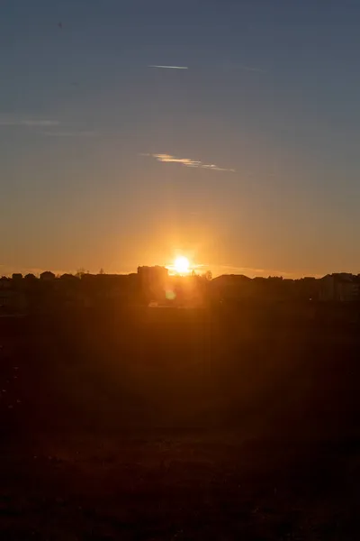 Coucher Soleil Jaune Sur Les Maisons Soir — Photo