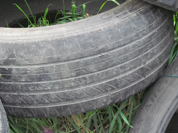 Pneu Borracha Preto Uma Roda Carro Despejo Grama — Fotografia de Stock