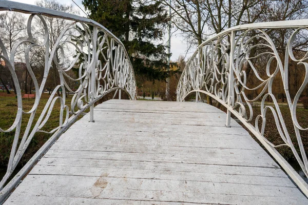 Halbrunde Holzbrücke Über Den Fluss Park — Stockfoto