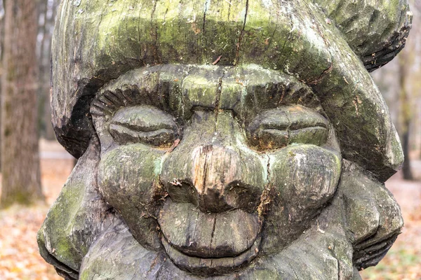 Scultura Legno Nano Boscaiolo Nel Parco Sculture Bambini Nel Parco — Foto Stock