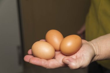 Mutfaktaki avuçlarında çiğ yumurta var. Çiftlikten ev yapımı tavuk yumurtası.