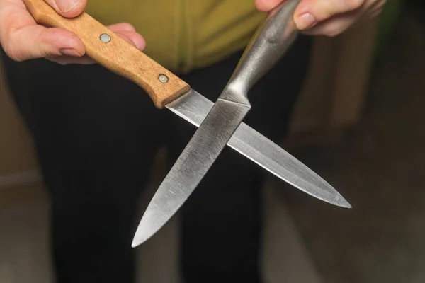 Two Metal Crossed Knives His Hands — Stock Photo, Image