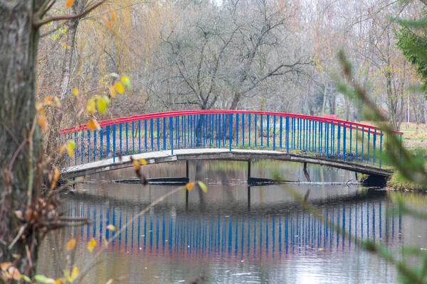 Gekleurde Houten Brug Het Water Het Herfstpark — Stockfoto