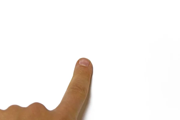 Hombre Señala Algo Pedazo Papel Blanco Dedo Sobre Papel Blanco — Foto de Stock