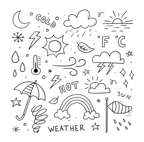 Conjunto Iconos Meteorológicos Ilustración Garabatos Dibujada Mano Contiene Signo Del — Vector de stock