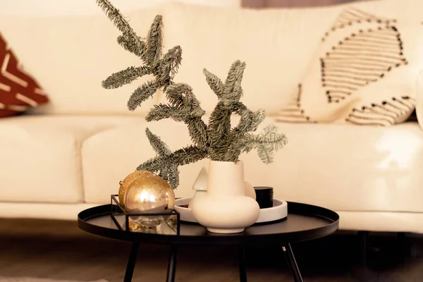 Ein Helles Sofa Ein Tisch Mit Einer Vase Und Tannenzweigen — Stockfoto