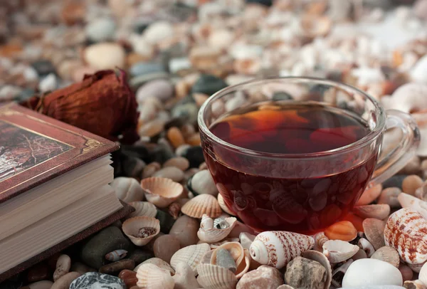 Boek en transparant glas cup met thee standen op schelpen — Stockfoto