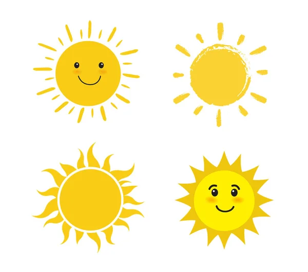 Set Matahari Terisolasi Pada Latar Belakang Putih Senyum Kartun Matahari - Stok Vektor