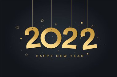Mutlu yıllar 2022 tebrik kartı. Altın 2022 numara asılıyor. Altın yıldızlı Pırıltılı Arkaplan. Tatil afişi. Vektör illüstrasyonu. 