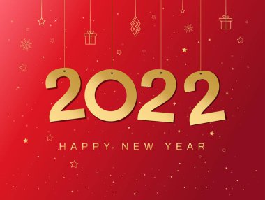 Mutlu yıllar 2022 tebrik kartı. Altın 2022 numara asılıyor. Altın yıldızlı Pırıltılı Arkaplan. Çin yeni yılı 2022. Vektör illüstrasyonu. 