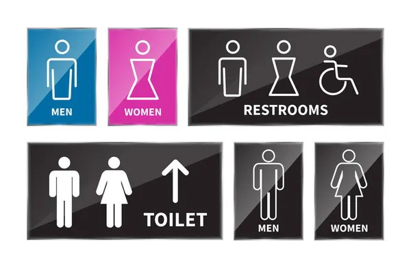 白い背景にトイレの標識のセット 男性と女性のトイレのアイコンの矢印が表示されます 車椅子のアイコン ベクターイラスト — ストックベクタ