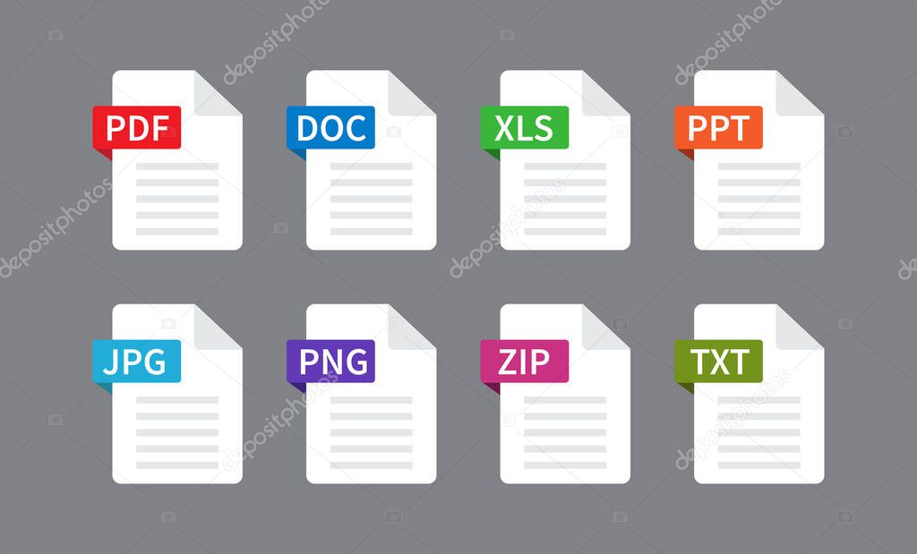 Documents File Format icon. File type isolated on gray background. PDF, DOC, XLS, PPT, JPG. PNG, ZIP, TXT. Vector illustration