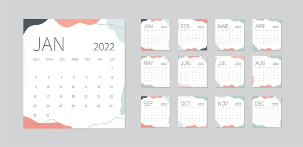 Calendar 2022 Template Week Starts Sunday Minimal Calendar Planner Design — Stock Vector