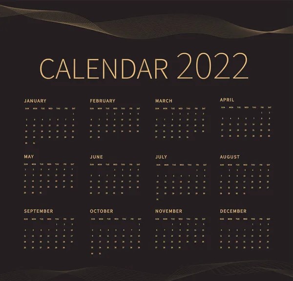 Plantilla Planificador Calendario Para 2022 Onda Dorada Estilo Lujo Diseño — Archivo Imágenes Vectoriales