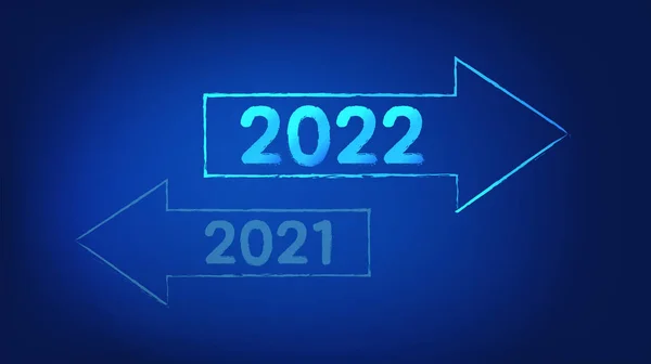 2022年新年を迎える 青い背景に矢印を右に指しています 2022年あけましておめでとうございます ベクターイラスト — ストックベクタ