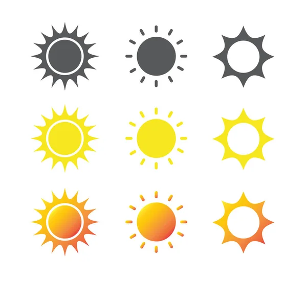 Σύνολο Από Εικονίδια Ήλιου Που Απομονώνονται Λευκό Φόντο Ηλιοβασίλεμα Ηλιαχτίδα — Διανυσματικό Αρχείο