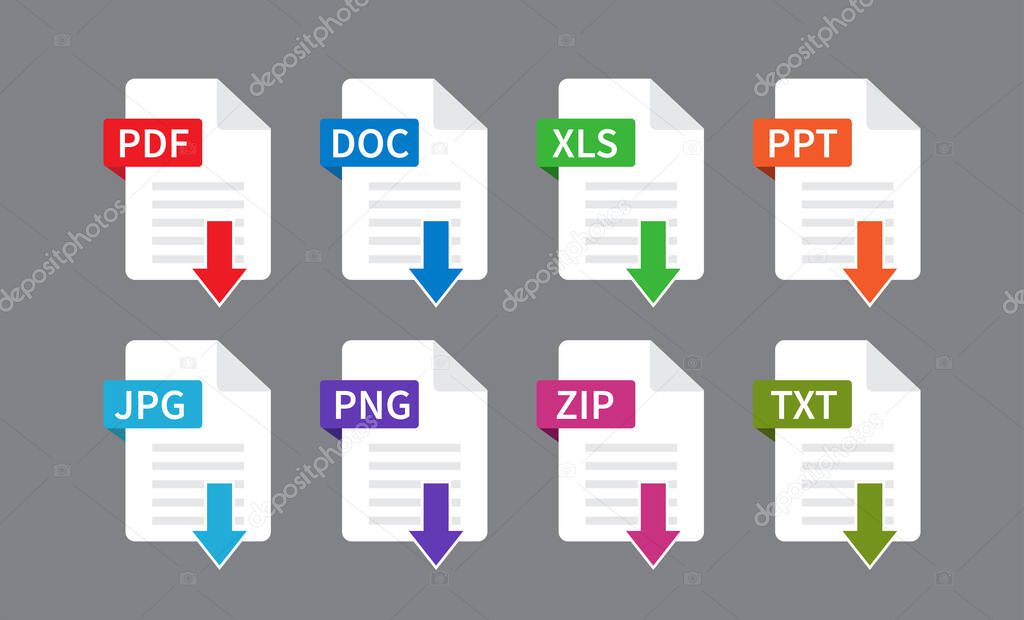 Download pdf file. Documents File Format icon. File type isolated on gray background. PDF, DOC, XLS, JPG, PNG, ZIP, PPT, TXT. Vector illustration