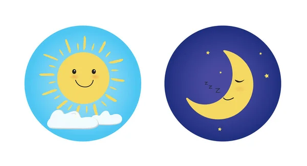 Day Night Cute Sun Smiling Cartoon Character Moon Sleeping Isolated — Stock Vector