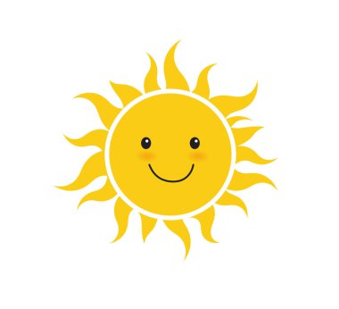 Gülümseyen güneş. Beyaz arka planda güneş karakteri. Emoji ikonu. Vektör illüstrasyonu.