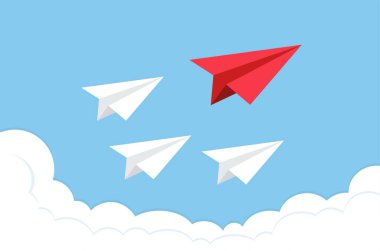 Arka planda uçan uçak. Gazete. Takım liderliği iş anlayışı. Kağıt uçak değişimi, yenilik ve eşsiz bir yöntem. Vektör illüstrasyonu.