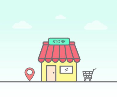 Ön cephede dükkan. Depo Konumu Konsepti. Web sitesi ve mobil uygulamalar için pazar simgesi tasarımı. Vektör illüstrasyonu.