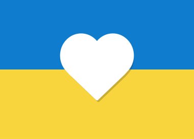 Ukrayna bayrağında beyaz kalp şekli. Ukrayna kavramı için dua et. Ukrayna 'yı kurtar. Savaşı durdurun. Vektör illüstrasyonu