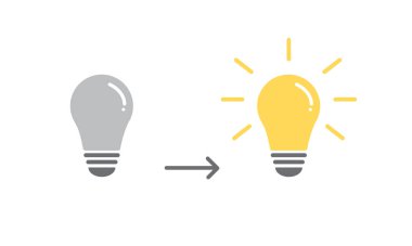 Ampuller ve parlayan ampuller. Fikir ve ilham konsepti. Enerji ve düşünme sembolü. Vektör illüstrasyonu