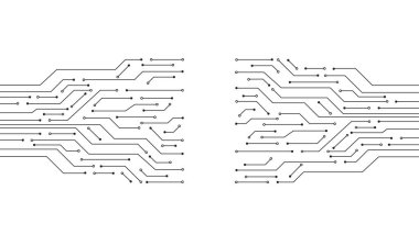 Elektrik devreleri beyaz arka planda izole edilmiş. Kusursuz şablon devre levhası elektroniği. Vektör illüstrasyonu