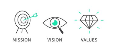 Görev, Vizyon ve Değerler simgesi. Organizasyon görevi. Başarı ve büyüme iş konsepti. düz dizayn. Vektör illüstrasyonu