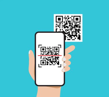 Akıllı telefondan QR kodunu tara. Dijital para. İnternetten alışveriş konsepti. Vektör illüstrasyonu