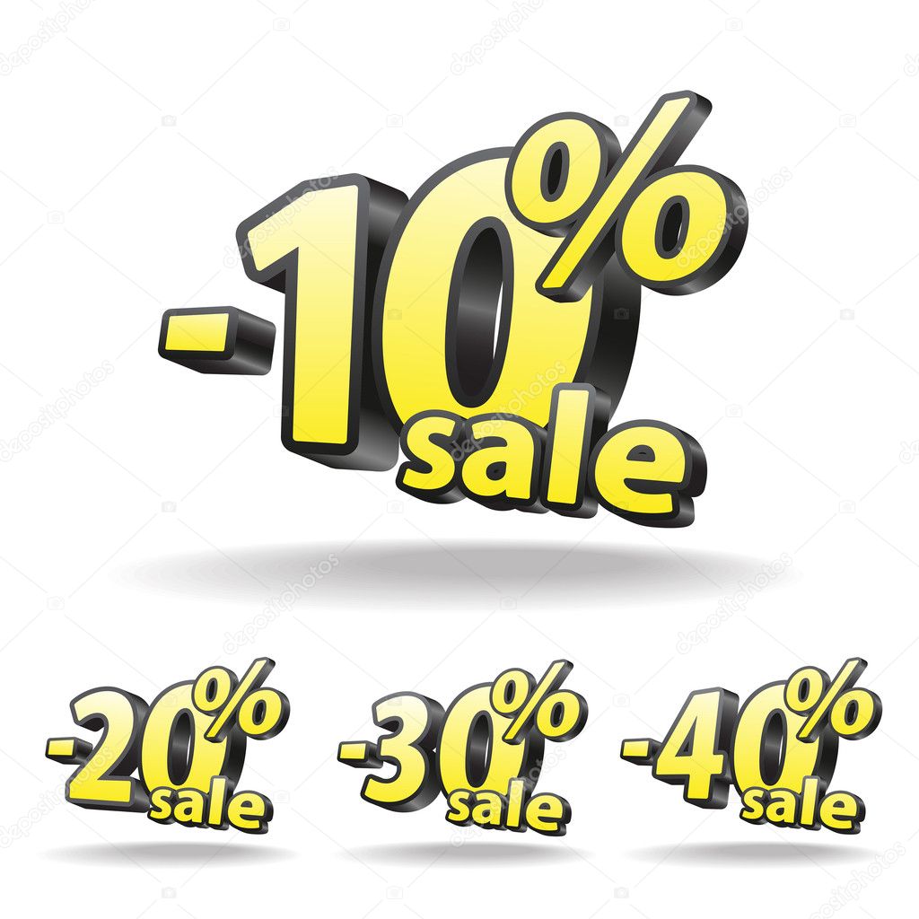 Ten, twenty, thirty, forty percent discount icon on white background. Isolated. Black and yellow. Sale.